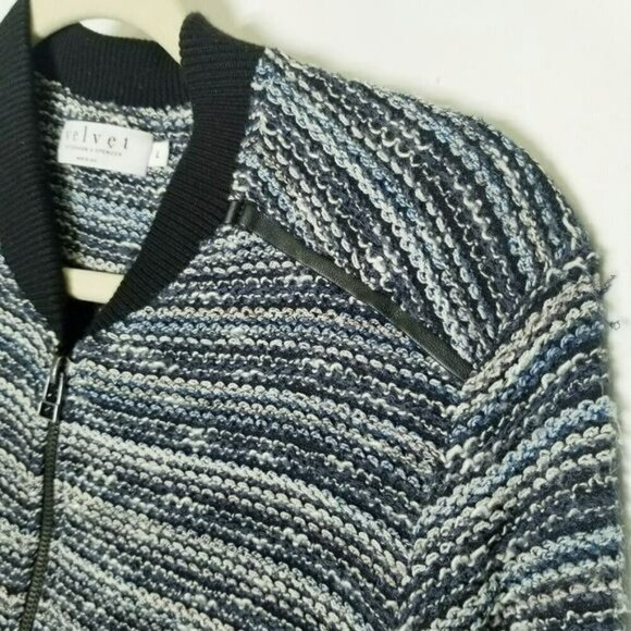 Velvet by Graham & Spencer White and Blue Knit Striped Full Zip Moto Jacket L - Picture 6 of 13
